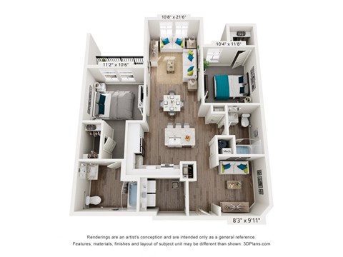 Floor plan for 2 beds, 2 baths, 1120 sqft