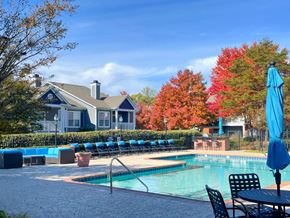 Greensboro apartment for rent - A Pool Area with a Chairs and Trees Surrounding.