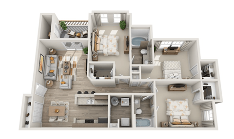 Floor plan for 3 beds, 2 baths, 1273 sqft