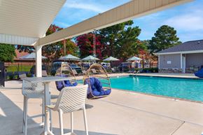Greenville apartment for rent - A pool area with a table and chairs.