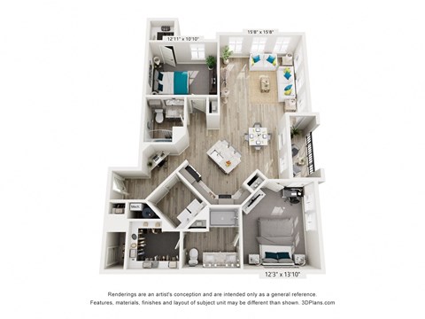 Floor plan for 2 beds, 2 baths, 1290 sqft