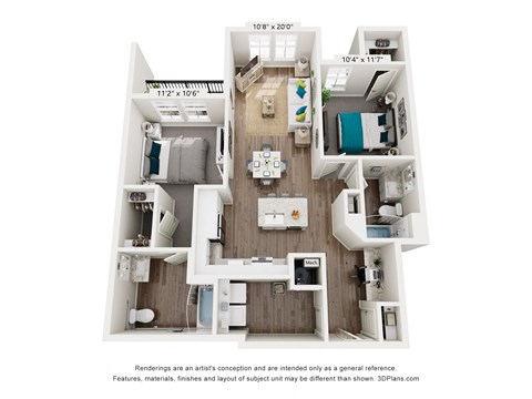 Floor plan for 2 beds, 2 baths, 1073 sqft