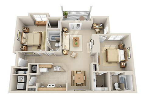 Floor plan for 2 beds, 2 baths, 1050 sqft
