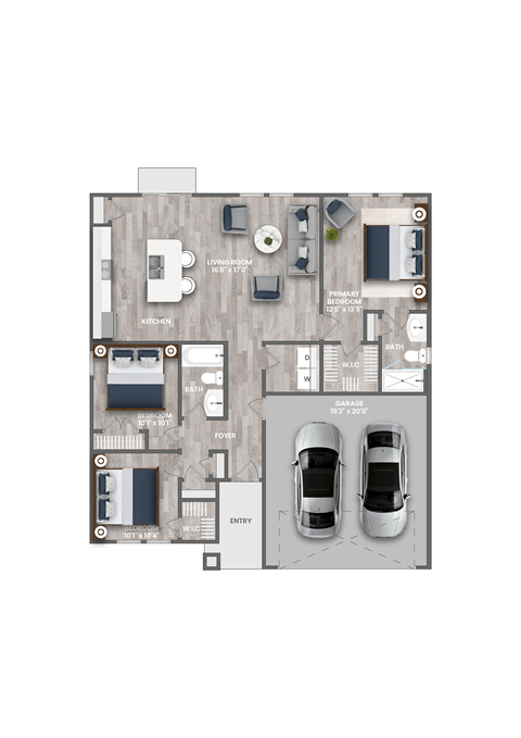 Floor plan for 3 beds, 2 baths, 1262 sqft