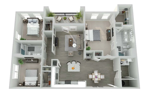 Floor plan for 3 beds, 2 baths, 1413 sqft