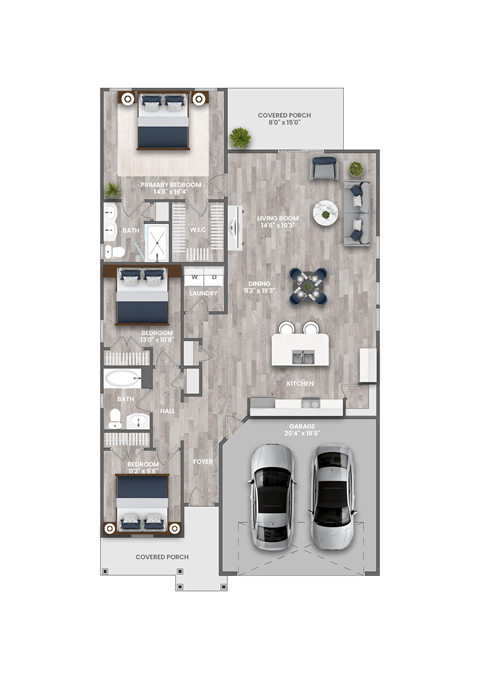 Floor plan for 3 beds, 2 baths, 1605 sqft