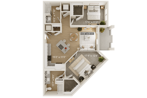 Floor plan for 2 beds, 2 baths, 1061 sqft