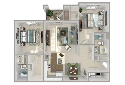 Floor plan for 2 beds, 2 baths, 1107 sqft