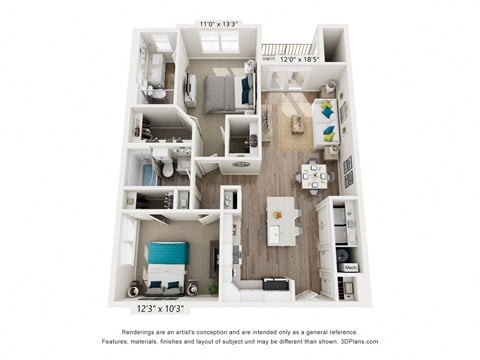 Floor plan for 2 beds, 2 baths, 1037 sqft