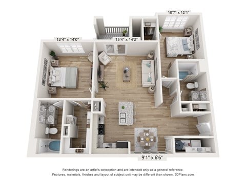 Floor plan for 2 beds, 2 baths, 1162 sqft