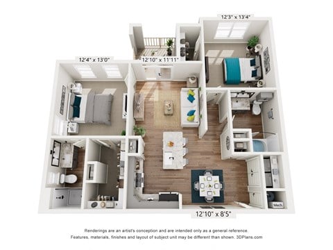Floor plan for 2 beds, 2 baths, 1114 sqft