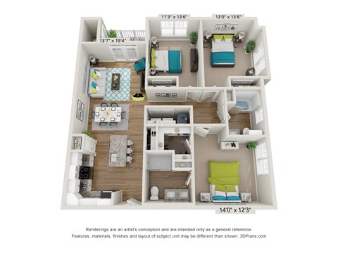 Floor plan for 3 beds, 2 baths, 1327 sqft