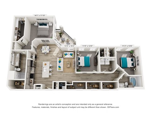 Floor plan for 3 beds, 2 baths, 1520 sqft