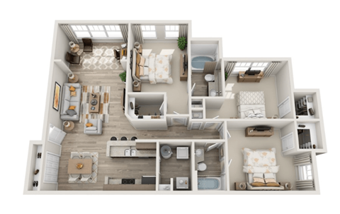Floor plan for 3 beds, 2 baths, 1376 sqft
