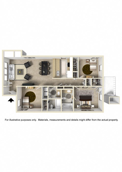 Floor plan for 3 beds, 2 baths, 1213 sqft