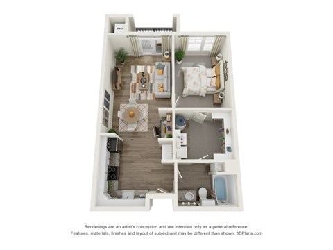 Floor plan for 1 bed, 1 bath, 764 sqft