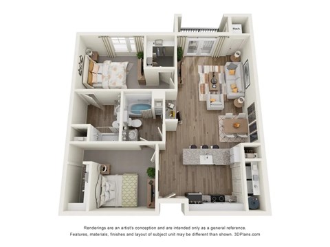 Floor plan for 2 beds, 2 baths, 1044 sqft