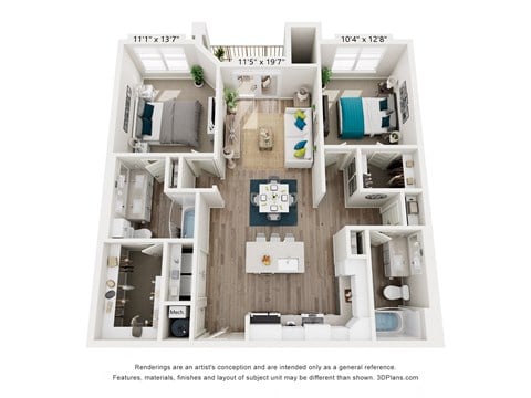 Floor plan for 2 beds, 2 baths, 1100 sqft
