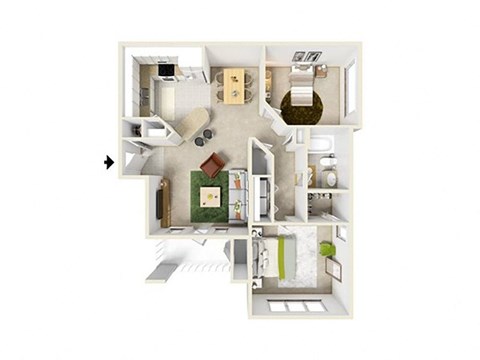 Floor plan for 2 beds, 1 bath, 1008 sqft