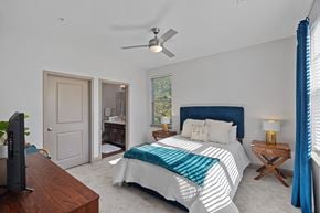 Asheville apartment for rent - A bedroom with a bed, a ceiling fan, and a television.