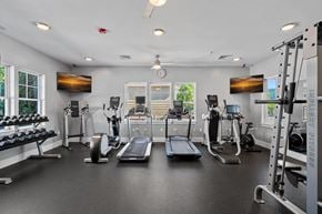 Asheville apartment for rent - A spacious gym with a variety of equipment including treadmills, elliptical machines, and weight machines.