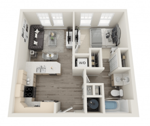 Floor plan for 1 bed, 1 bath, 615 sqft