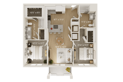 Floor plan for 2 beds, 2 baths, 998 sqft