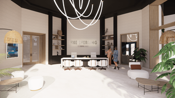 Wilmington apartment for rent - A modern living room with a large white sofa and a chandelier.
