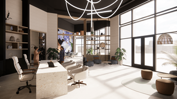 Wilmington apartment for rent - A modern office space with a reception desk, chairs, and a large window.