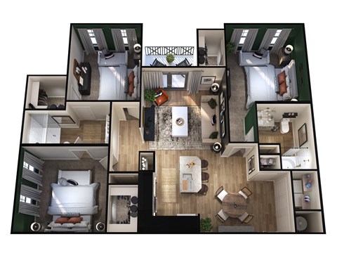 Floor plan for 3 beds, 2 baths, 1291 sqft