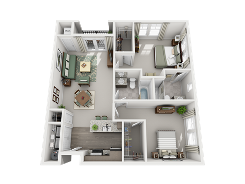 Floor plan for 2 beds, 2 baths, 1132 sqft