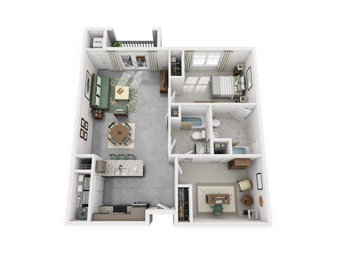 Floor plan for 1 bed, 2 baths, 1090 sqft