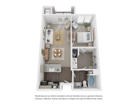 Floor plan for 1 bed, 1 bath, 763 sqft