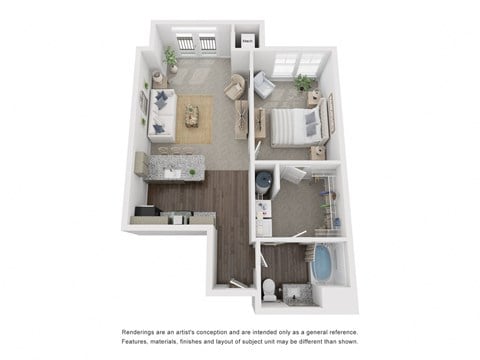 Floor plan for 1 bed, 1 bath, 765 sqft