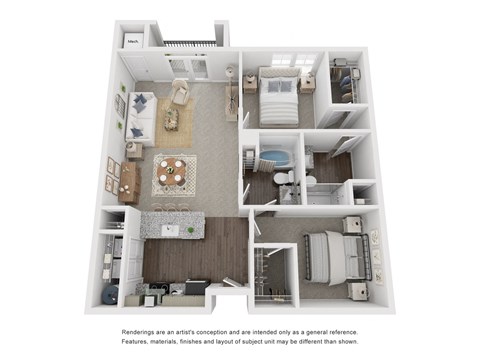 Floor plan for 2 beds, 2 baths, 1042 sqft