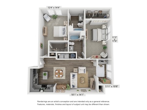 Floor plan for 2 beds, 2 baths, 1236 sqft