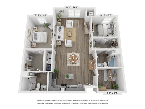 Floor plan for 2 beds, 2 baths, 1320 sqft