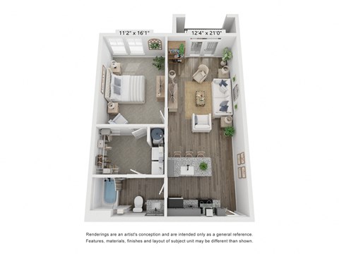 Floor plan for 1 bed, 1 bath, 836 sqft