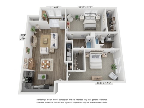 Floor plan for 2 beds, 2 baths, 1306 sqft