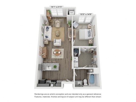 Floor plan for 1 bed, 1 bath, 857 sqft
