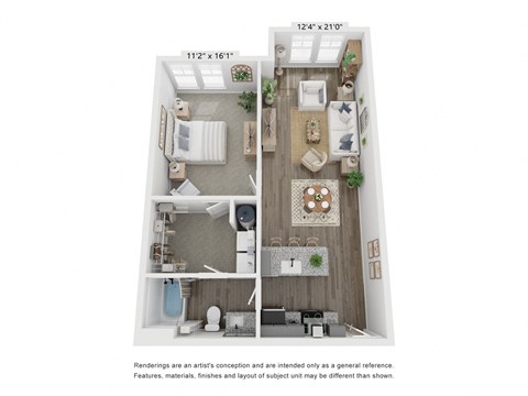 Floor plan for 1 bed, 1 bath, 884 sqft