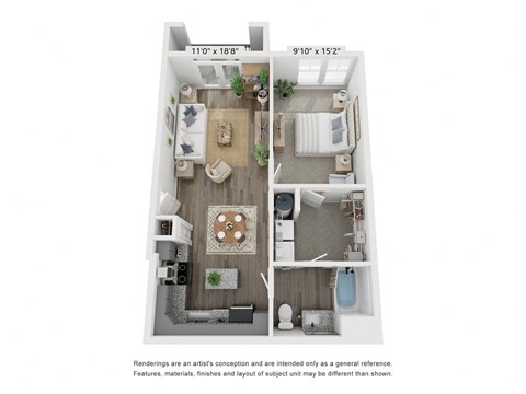 Floor plan for 1 bed, 1 bath, 769 sqft