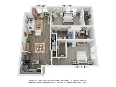 Floor plan for 2 beds, 2 baths, 1236 sqft