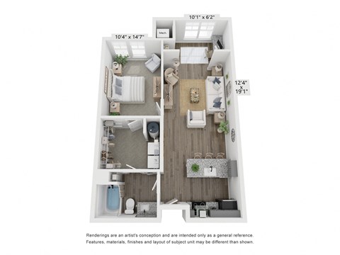 Floor plan for 1 bed, 1 bath, 804 sqft