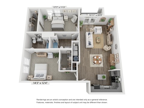 Floor plan for 2 beds, 2 baths, 1262 sqft