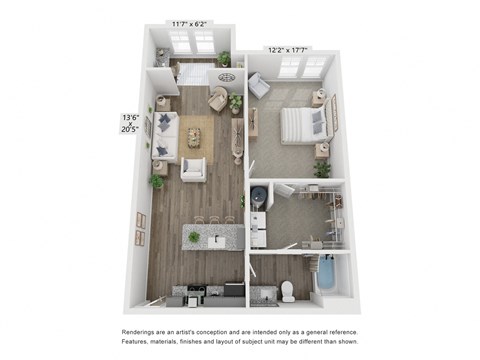 Floor plan for 1 bed, 1 bath, 884 sqft