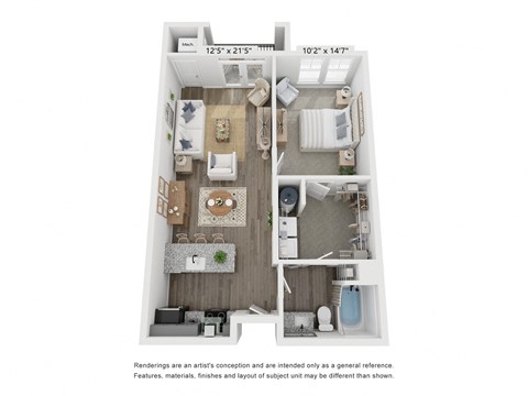 Floor plan for 1 bed, 1 bath, 763 sqft