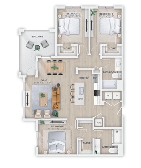 Floor plan for 3 beds, 2 baths, 1396 sqft