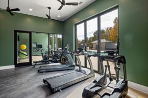 Wake Forest apartment for rent - A gym with treadmills, elliptical machines, and a fan.