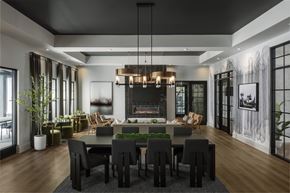 Greenville apartment for rent - A modern dining room with a fireplace and a large table set for six.